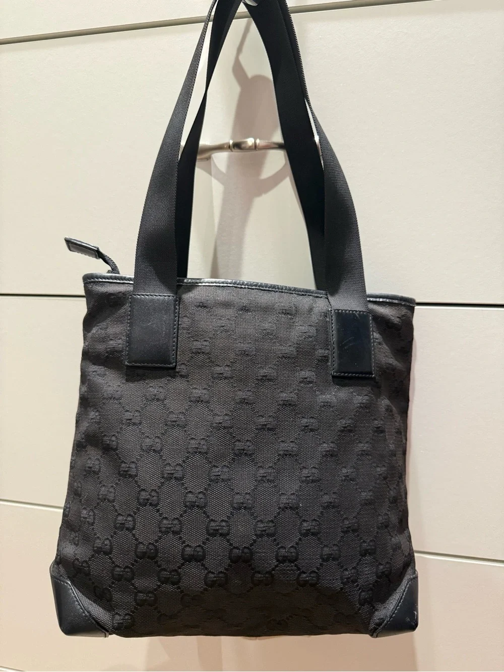 Gucci Black Monogrammed Tote with Front Zip Pocket